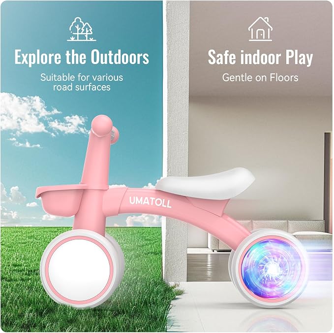 Umatoll Colorful Lighting Baby Balance Bike Toys for 1 Year Old Girl Gifts, Adjustable Seat, First Birthday Gifts, 12-24 Months Toddler Bike, Pink