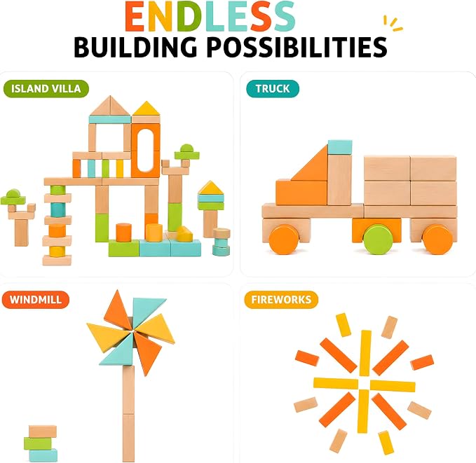 100pcs Building Blocks for Toddlers 1-3, Wooden Blocks for Kids with Storage Bucket and Shape Sorter, Stacking Toys or 1 2 3 Year Old, Learning Toys for Preschool Girls and Boys