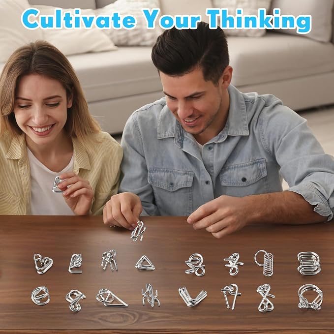 Poen 48 Pcs Metal Wire Puzzle Set with Pouch Brain Teaser IQ Test Disentanglement Iron Link Unlock Interlock Physics Mind Metal Puzzles for Adults Stocking Stuffers Challenge Gifts Party Favor