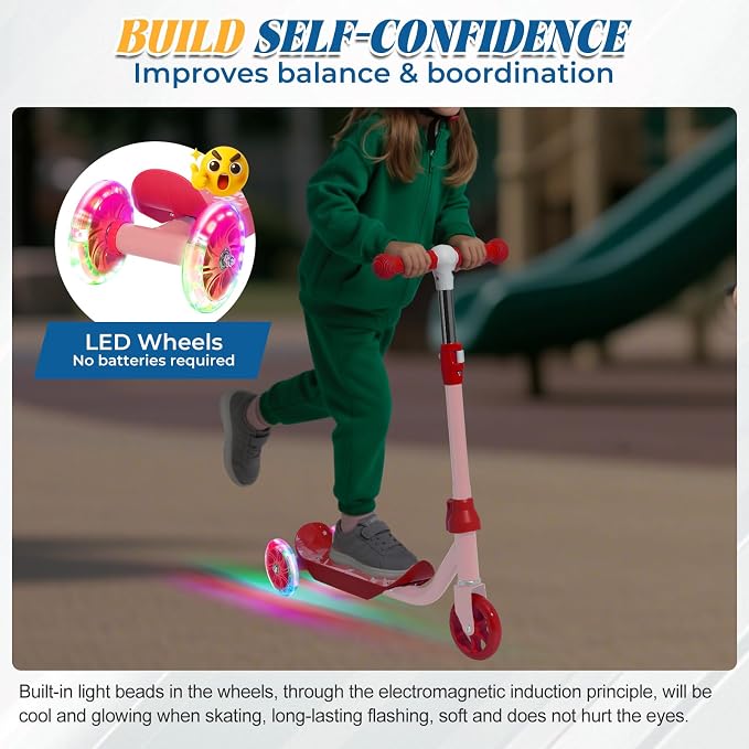 Kids Scooter with LED Light-Up Wheels, Adjustable Handlebar Scooter, Kids Toys Gift for Boys & Girls (Height 37-50") | Outdoor Play for Ages 3,4,5,6 | Extended Footrest