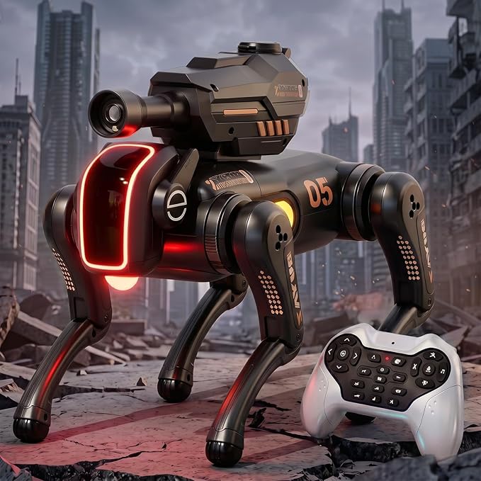 Remote Control Robot Dog Toy with Safe Soft Projectile Launcher, Upgraded Stable RC Smart Puppy with 30+ Stunts, Smart Programmable Interaction, Screen-Free STEM Gift for Kids Age 6-12(Black)