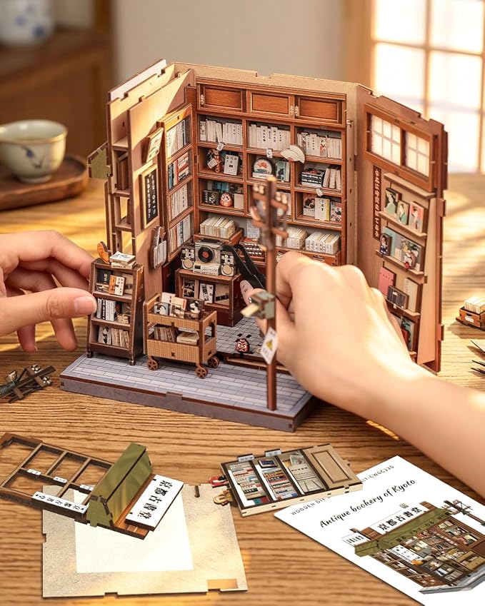 Book Nook Kit - Japanese Showa Retro DIY Miniature Book Nook, Soft LED Vintage Scene Model, Handmade Wooden Assembly Craft Gifts for Adults and Teens (Antique Bookery of Kyoto)