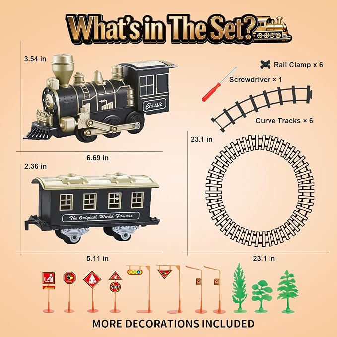 Electric Train Set, Ages 4-8 – Christmas Train with Locomotive, Passenger Car, 6 Curves, LED Light & Sound – Indoor Toy for Kids, for Holiday Village or Train Table
