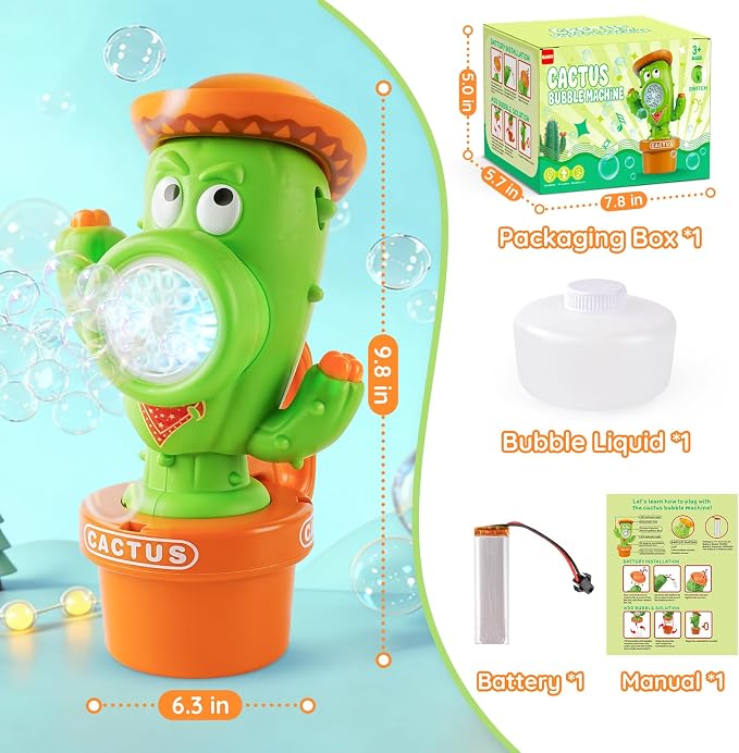 Cactus Bubble Machine, Automatic Bubble Blower with Music & Wiggle Action, Portable Handheld Bubble Maker with Lights, Birthday Gifts for Toddlers, Party Favors Toys, Easter Basket Stuffers for Kids