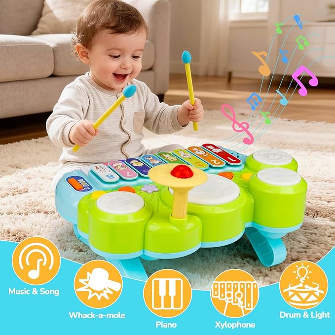 Baby Piano Drum Set for Toddlers 1-3, Musical Toys 3 in 1 Baby DJ Table Piano Keyboard Xylophone Drum Instruments for 1 2 Year Old Boys Girls Music & Light Activity Table Babies First Birthday Gifts