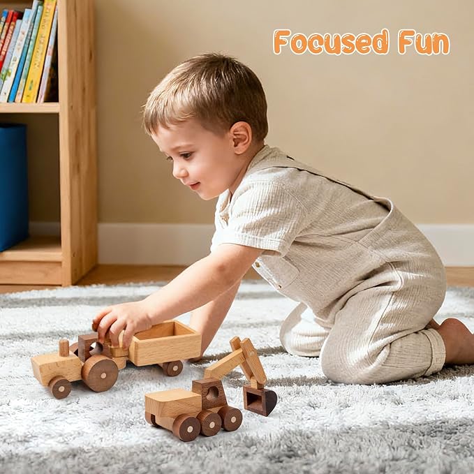 Wooden Toy Cars for 3 Year Old Boys & Girls - Construction Vehicles Set Push Toys for Toddlers, Wood Montessori Car with Rolling Wheels, Natural Wood Toys (Excavator & Tractor)