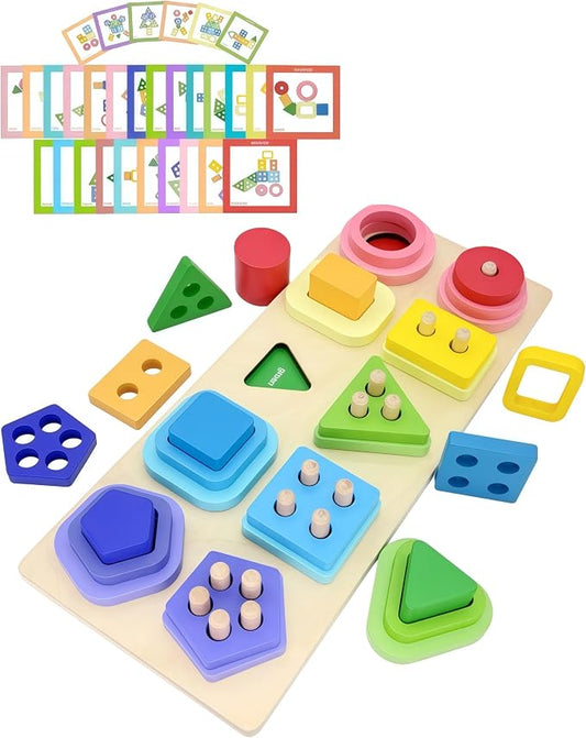 Montessori Toys for 1-3 Year Old Wooden Stacking & Color Shape Sorters, Educational Sensory Toys for Toddlers, Boys Girls Birthday Gifts, Travel Toy