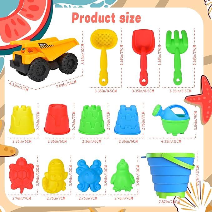 Beach Toys, 14Pcs Sand Toys with Construction Vehicle and Collapsible Beach Bucket, Animal Sand Mold Sets, Watering Can,Shovel Set with Mesh Bag,Summer Outdoor Play Travel Sandbox Gift for Boys Girls