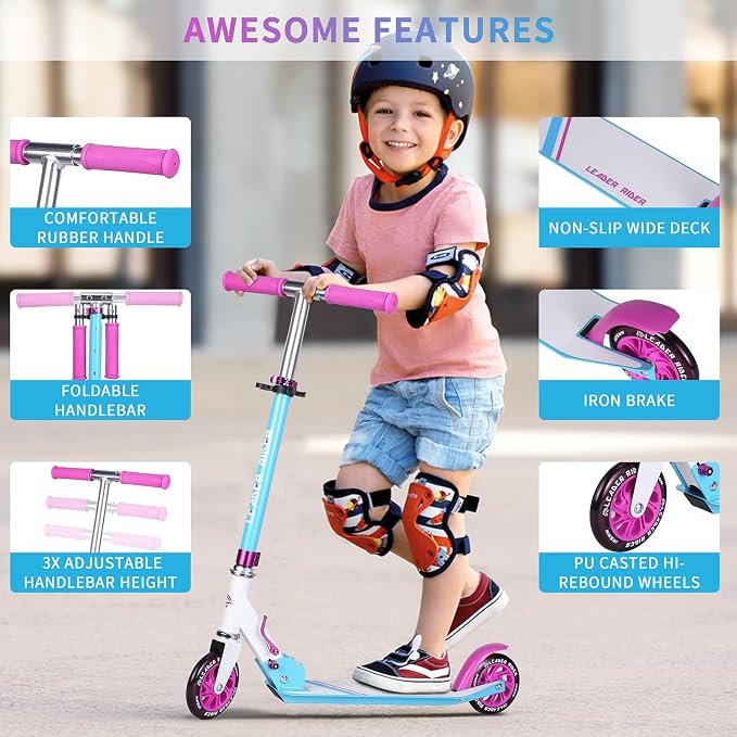 Kick Scooter - Collapsible Portable Kids Push Scooter - Lightweight Folding Design with High Visibility RGB Light Up LEDs on Wheels