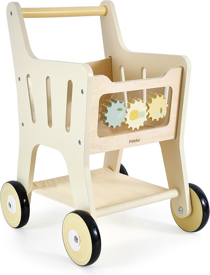 Pithfor Wooden Shopping Cart for Kids, 3 in 1 Wooden Baby Push Walker, Baby Doll Stroller, Toy Shopping Cart for Toddlers 1-3