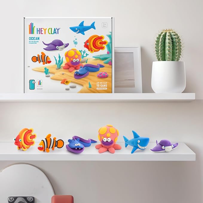 Hey Clay 15 Cans Set - Colourful Modelling Kids Air-Dry Clay 15 Cans with Sculpting Tools and Fun Interactive Instructions for Children Age 3+ (Ocean)