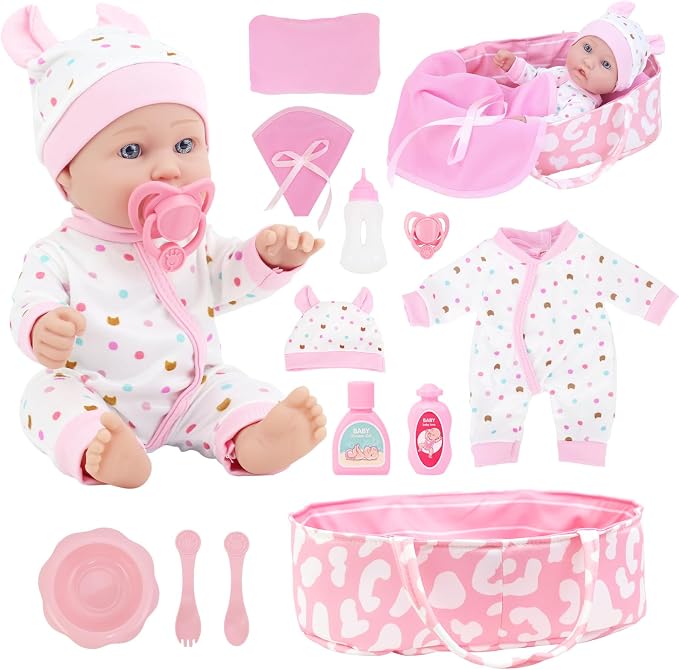 ZITA ELEMENT 12″ Baby Doll with Sleeping Carrier Bassinet Bed Set in Gift Box - 13 Piece Soft Baby Doll with Accessories, for Girls Ages 3+