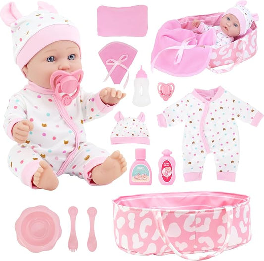 ZITA ELEMENT 12″ Baby Doll with Sleeping Carrier Bassinet Bed Set in Gift Box - 13 Piece Soft Baby Doll with Accessories, for Girls Ages 3+