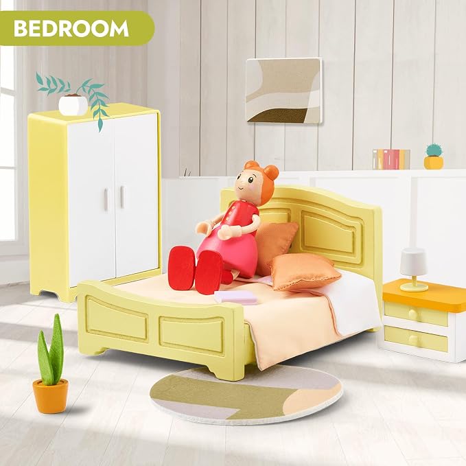 Giant bean 85pcs Wooden Plastic Dollhouse Furniture Set for 6 Rooms, Modern Dollhouse Accessories Pretend Play Furniture Toys for Boys Girls Toddlers & Kids 3 4 5 6 7 Years and up