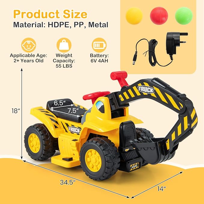 HONEY JOY Electric Ride on Push Car, Toddler Bulldozer Digger w/Balls & Basketball Hoop, Outdoor Digging Scoop, Flexible Bucket, 6V Ride on Excavator Construction Vehicle for Kids