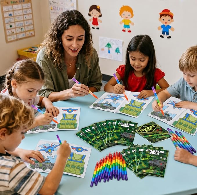 Cinrobiye 24 Set Coloring Books DIY Bulk Mini Ten Plagues Coloring Booklet with Stacking Crayons for Jewish Family Pesach Favors Goodie Bags Stuffer School Classroom Activity Rewards (Military)