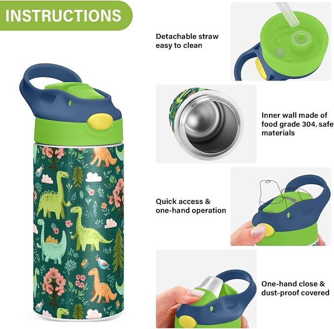 Boccsty Funny Dinosaur Kids Water Bottle with Straw Lid Animal Tropical Leaves Dino Insulated Stainless Steel Reusable Tumbler for Boys Girls Toddlers 12 oz Green