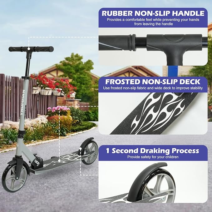 Rahmory Kick Scooter for Ages 6+,Kid, Teens & Adults. Foldable Kick Scooter for Boys with 4 Adjustable Heights, ABEC9 Bearings, Supports Up to 220 lbs.