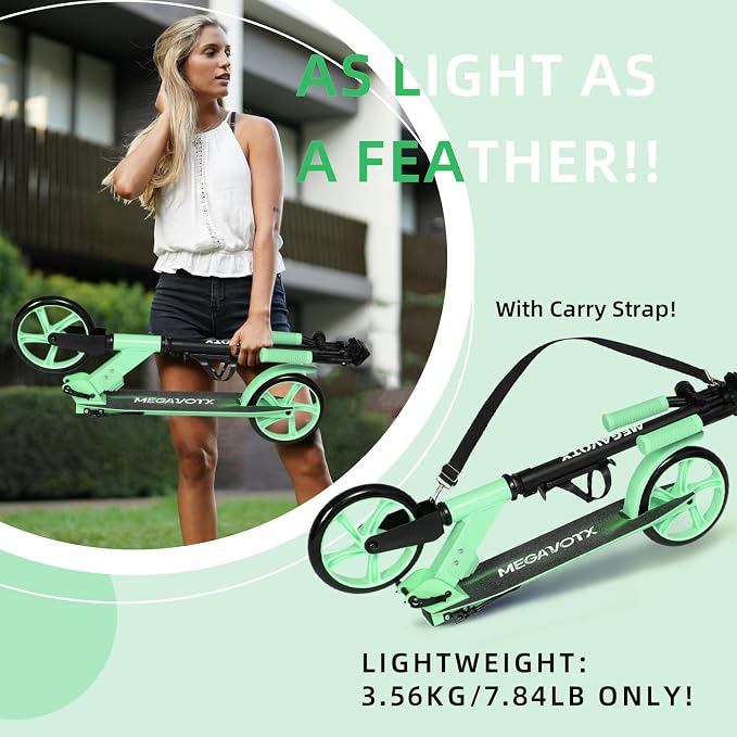 Foldable Kick Scooter for Kids Ages 6-12, Teens & Adults. Non-Electric Scooter with Big Wheels, Adjustable Height, Rear Foot Brake. Lightweight Design for Daily Commute & Outdoor Riding