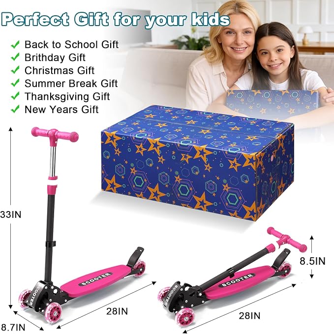 3 Wheel Kids Kick Scooter for Ages 3-12, Lean-to-Steer, Light-Up Wheels, 3-Level Adjustable Handlebar 27.5”-33”, Wide Non-Slip Deck, Dual Rear Brake,Travel Foldable, for Boys & Girls Toy Gifts