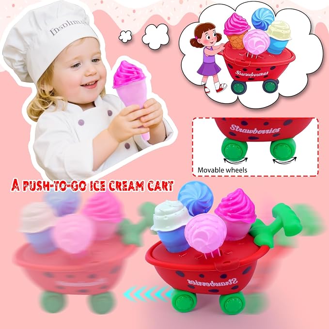 Collapsible Beach Toys Set for Kids 3-5|22 PCS Ice Cream Sand Toys with Collapsible Beach Bucket|Unicorn Sand Mold|Strawberry Ice Cream Cart|Mesh Bag|Sand Sandbox|Trave Beach Toys for Toddlers Girls