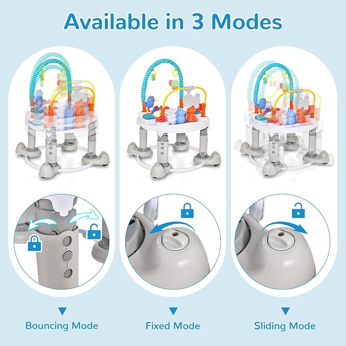 INFANS Baby Bouncer Activity Center, 5 in 1 Toddler Bouncing Activity Saucer Playtime Mat Activity Table with 360°Rotating Seat, 3 Adjustable Height, Foldable Exersaucer Learning Walker (Light Grey)