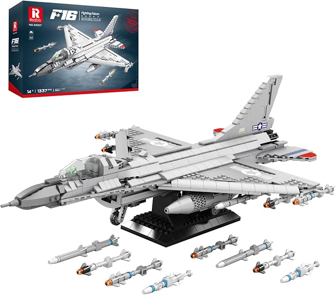 Reobrix F-16 Fighter Jet Building Set 33027, 1377 PCS Military Airplane Model Kit with Display Stand, Retractable Landing Gear, STEM Collectible Gift for Adults & Teens 14+