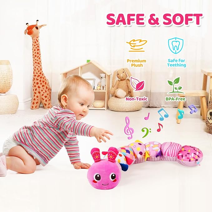 KMUYSL Baby Sensory Caterpillar Toys for 0-6 6-12 Months, Soft Plush Activity Toy with Crinkle, Rattle & Gentle Music, Tummy Time Toy for Infant Newborn, Early Development Toy Shower Gifts for Baby