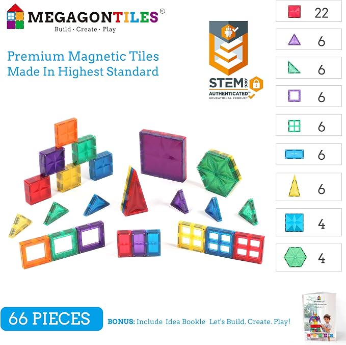 MEGAGONTILES 66PCS Premium Polygon Magnetic Tiles Set | STEM-Authenticated Magnetic Building Blocks | Educational Construction Toy for Kids Ages 3–8 (Boys & Girls)