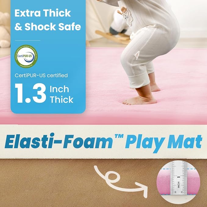1.3" Thick Baby Floor Play Mat, 59x79 Padded Foam Tummy Time Crawling Mat, Non-Slip Water-Repellent Soft Plush Nursey Area Rug for Playroom Living Room (Pink)