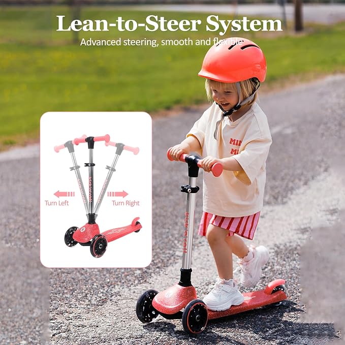 Kicknroll Kids Scooter Light Up 3 Wheel Toddler Kick Scooters with Jelly Glitter Anti-Slip Deck and LED Wheels, 4 Adjustable Heights, Foldable, Lean-to-Steer Design for Girls & Boys 3-12 Max 110 Lbs