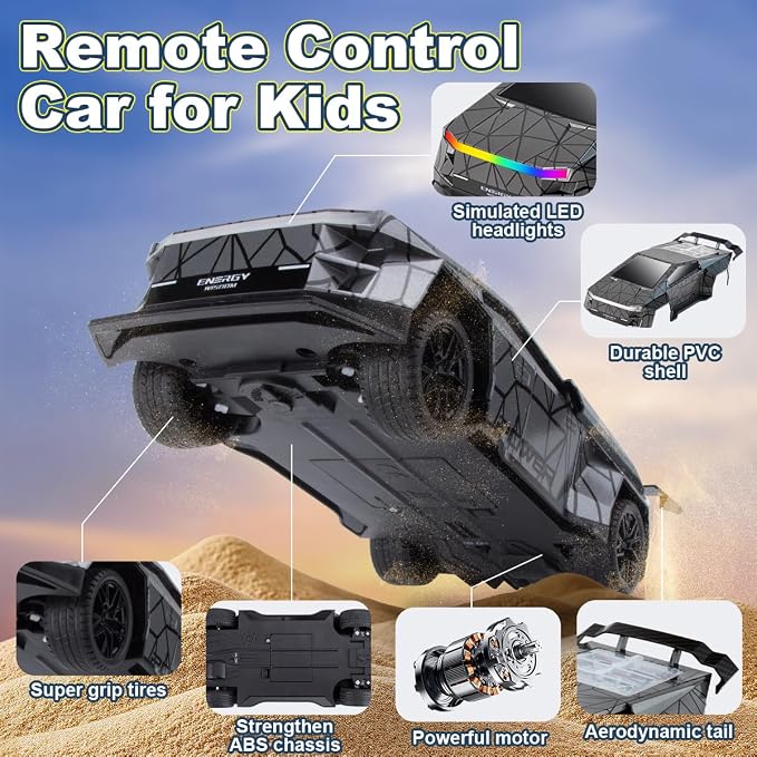 Remote Control Car，All Terrain 2.4GHz RC Truck for 3-12 Year Old Boys, Electric Vehicle RC Car with LED Lights for Kids, Birthday Gifts for Kids (Gray)