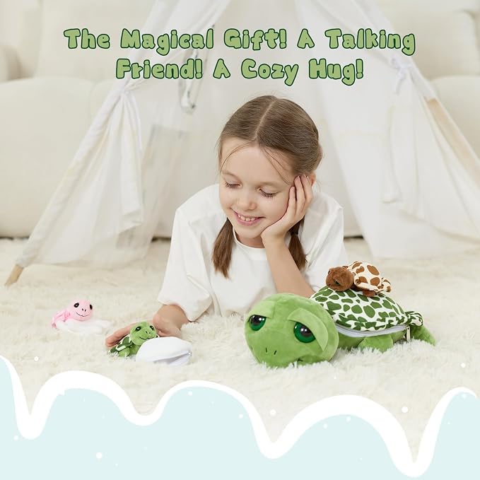 6Pcs Sound Turtle Plush Toy, 14" Talking Mother Turtle Stuffed Animal with 3 Baby Tortoise & 2 Eggs, Stuffed Educational Sea Creature for Kids, Ocean Plushies Gift for Birthday Christmas