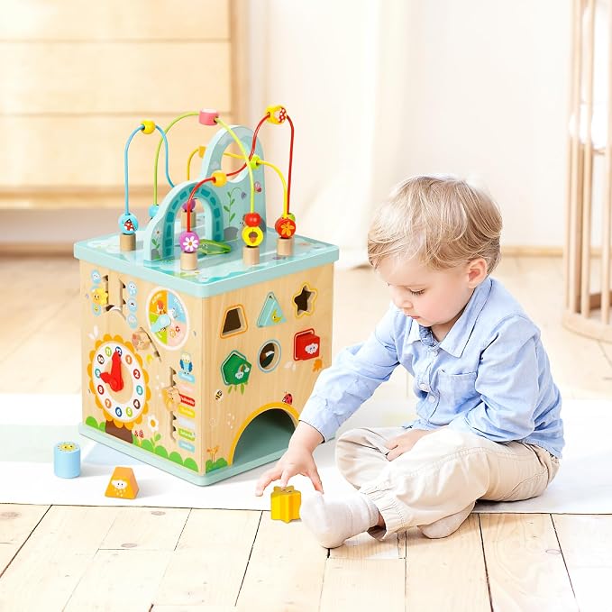 OOOK All-in-one Activity Center, 5 in 1 Baby Activity Table with Gear Game, Kids Sensory Table Play Cube with Montessori Calendar, Bead Maze, Shape Sorter, Ball Drop and More