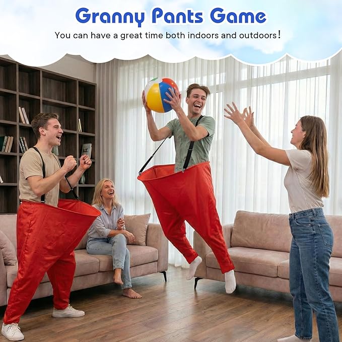 2 Pcs Granny Pants Yard Game with Suspenders, 16 Bouncy Balls & 2 Pumps - Hilarious Outdoor Party Game for Adults, Kids, Family Reunions & Field Days