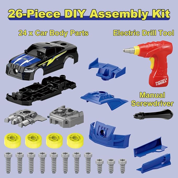 Pup Go Take Apart Toy Racing Car for Kids Age 3+ Year Old, 2 in 1 Build Your Own Car with Realistic Sounds & Lights, Construction Vehicle Toys with Electric Drill, Ideal Gitfs for Boys(4 Spare Screws)