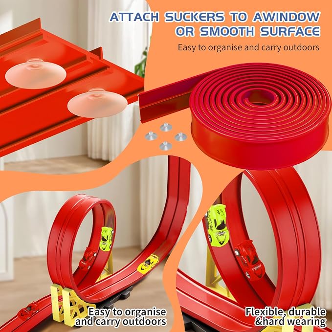 20ft Build Anywhere Portable Race Track with Suction Cups - Flexible Roll-Up Design Fits 1/64 Scale Cars, Portable Toy Gift for Kids 4+ Year Old