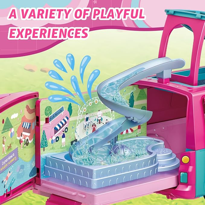 Dollhouse Camping RV Playset for Girls - Kids Camper Van Toy with Slide, Pool, Tent, BBQ Grill & Doll Accessories - Pretend Play Outdoor Adventure Toy Birthday Gift for 3 4 5 6 7 8 Year Old