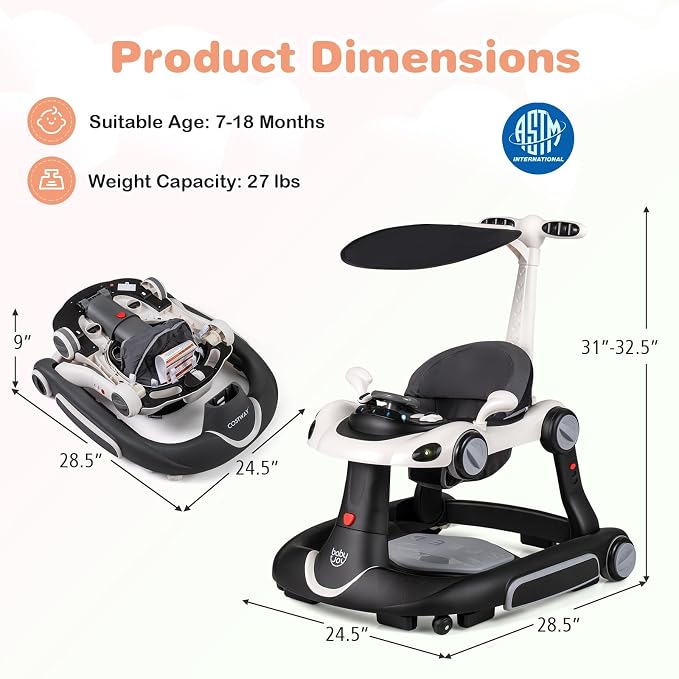 BABY JOY 7-in-1 Baby Walker, Foldable Baby Walker and Bouncer Combo with Handle, Adjustable Height & Speed, Music, Lights, Rocker/Push Mode, Baby Walker with Wheels for Boys Girls 7-18 Months (White)