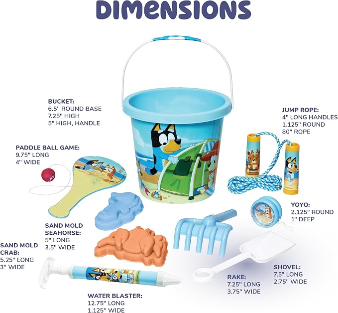 Little Kids Bluey Beach Toys Set | 9pc Sand Toys & Beach Bucket | Ages 3-10, Medium