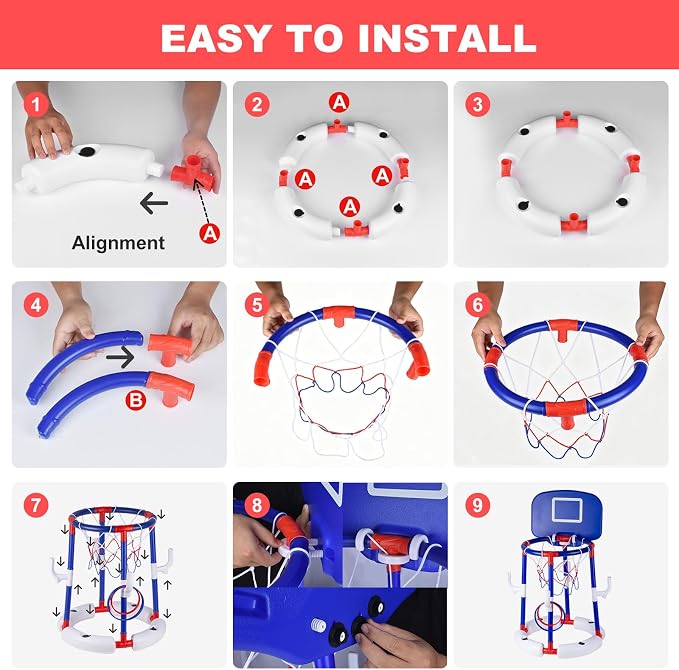 2-in-1 Floating Pool Basketball Hoop Set,Blue Swimming Pool Basketball Hoop with Backboard,4 Balls,6 Rings & Pump,Water Basketball Hoop for Pool Party Fun & Outdoor Indoor Pool Toys