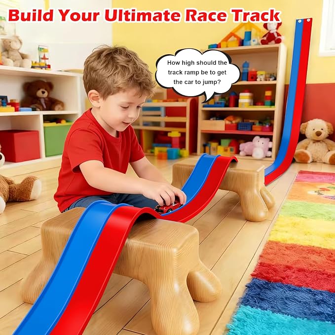 Flexible Race Track Toys for Kids, 15 Ft Flex Tracks Starter Set with Strong Suction Cups - Compatible with Hot Wheels and Diecast 1/64th Cars, Rolls up Portable Race Car Ramp Track (Blue Red)