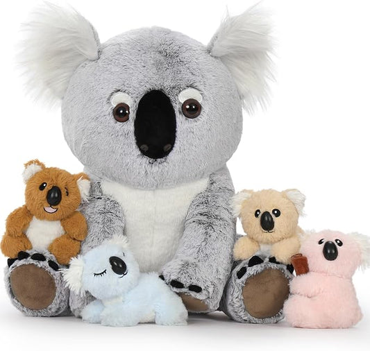 5 Piece Koala Plush Family Set, 17.7 Inch Mom Koala Stuffed Animal with 4 Baby Koala Plush Toys, Soft Koala Bear Plush with Zippered Back Pouch, Birthday for Kids
