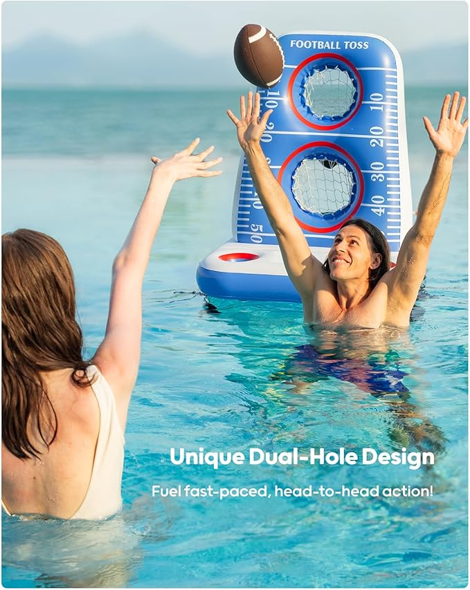 QPAU Inflatable Football Toss Game for Pool – Water Football Target with 4 Balls & 2 Pumps, Dual Net Design, Stable Base, Summer Pool Game for Kids & Adults (Blue+White)