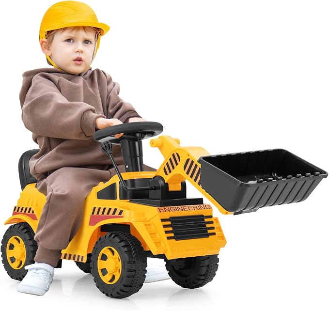 Costzon Ride On Bulldozer, Sit and Scoot Ride on Push Car for Toddlers with Helmet, Front Loader Shovel & Engine Sound, Under-seat Storage, Anti-Rollover Device, Kids Construction Truck, Gift