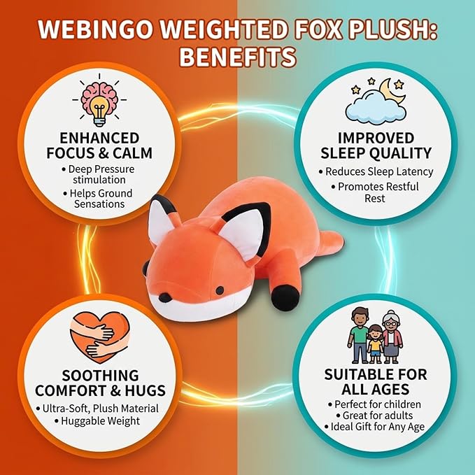 WeBingo Weighted Stuffed Animals, 24" Weighted Fox Plush Toy 4.2 Lb Soft Pillow Cute Giant Plushie Gifts for Kids & Adults