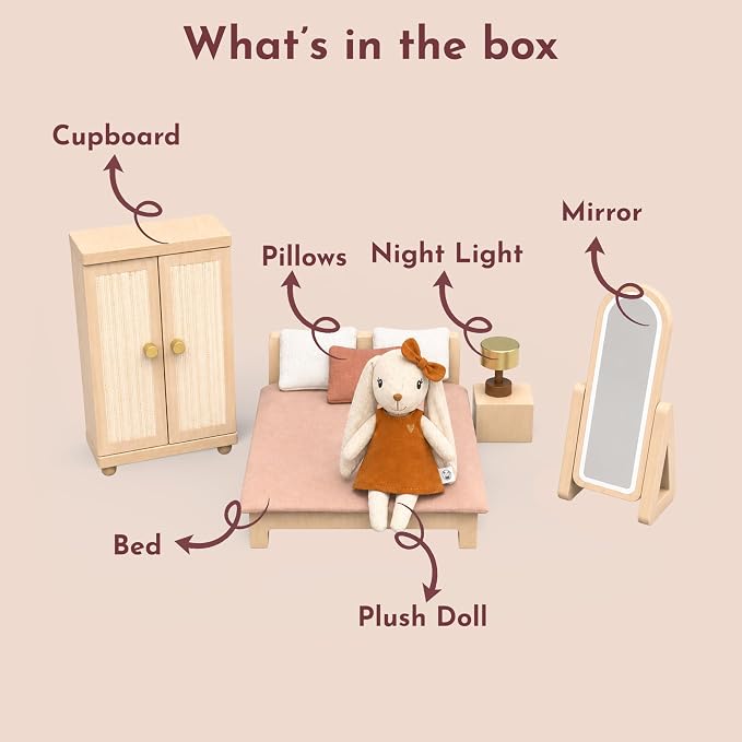 SPEEDY MONKEY Doll House Bedroom Playset – Wooden Playhouse with Bunny Character & Furnitures Set for Kids, Pretend Play Dollhouse and Imaginative Room Décor Storytelling for Toddlers & Preschoolers