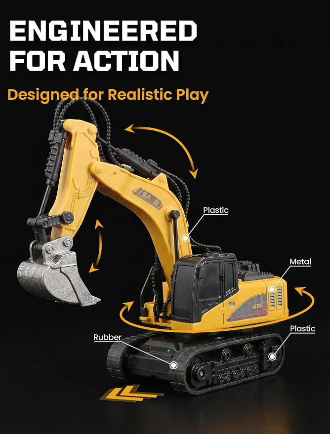 SHINESIGNAL10 Channel Mini RC Excavator Toy, Remote Control Excavator for Adult, Metal Aolly Bucket,Type-C Rechargeable, Construction Vehicle Toy for Boys 3+ Year Old