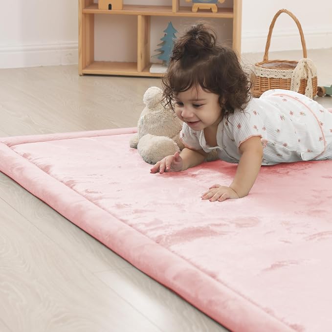 1.5" Thick Padded Baby Play Mat for Floor Tummy Time, Pro Soft Foam Activity Playroom Playmats, Easy Care with Non-Slip Safe for Infant Toddler Kids Crawling 39"x 59" (Pink)