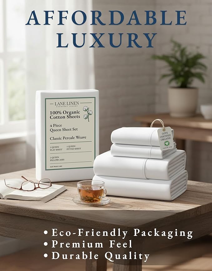 LANE LINEN Queen Sheets 100% Organic Cotton 4pc Percale Cooling - White | Queen Sheet Set, GOTS Certified Organic Cotton Percale - Crisp, Cool & Breathable, For Hot Sleepers, All-Season Comfort